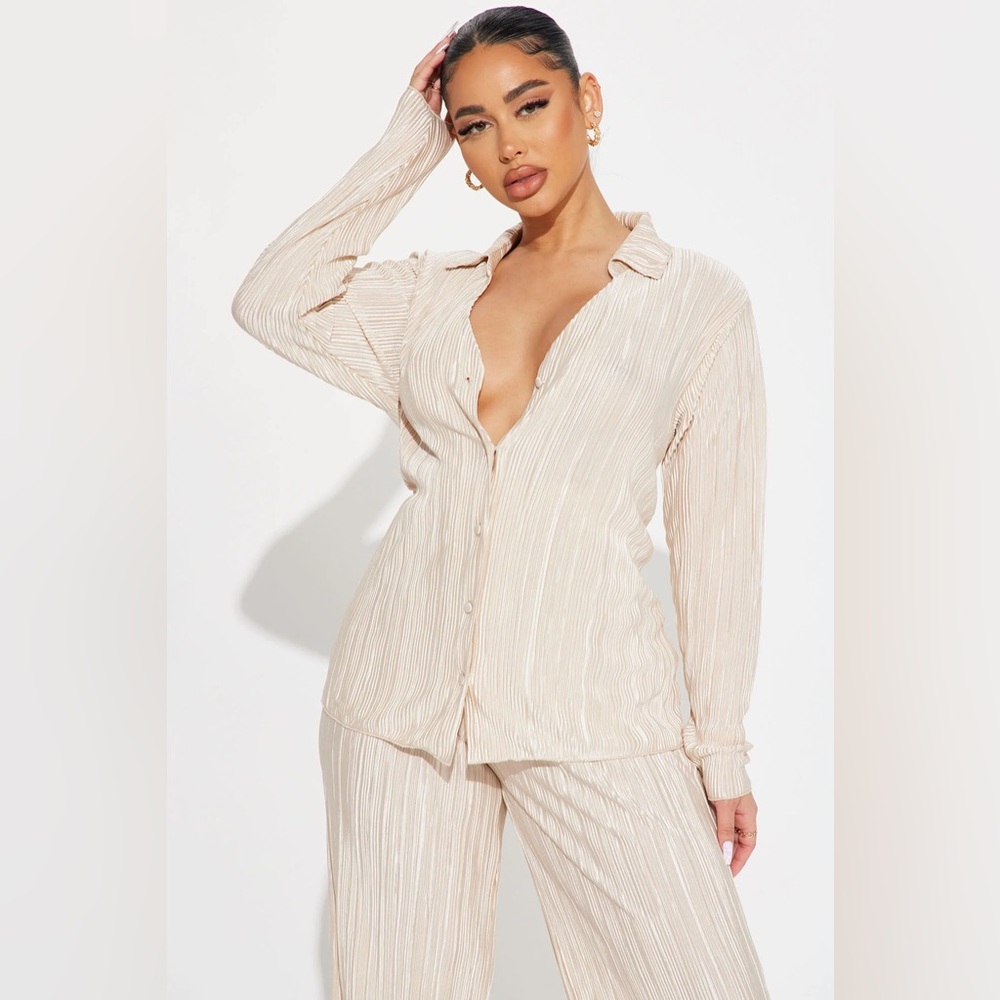 Fashion Nova If It Plisse You Pant Set- Champagne
